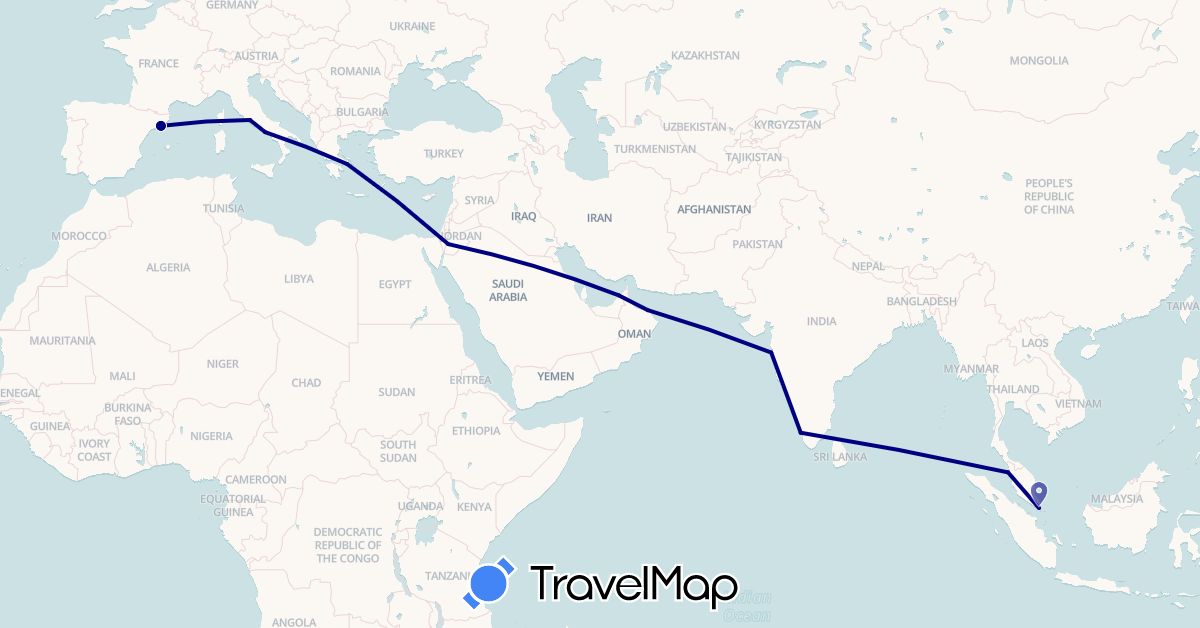TravelMap itinerary: driving in United Arab Emirates, Spain, Greece, India, Italy, Jordan, Malaysia, Oman, Singapore (Asia, Europe)